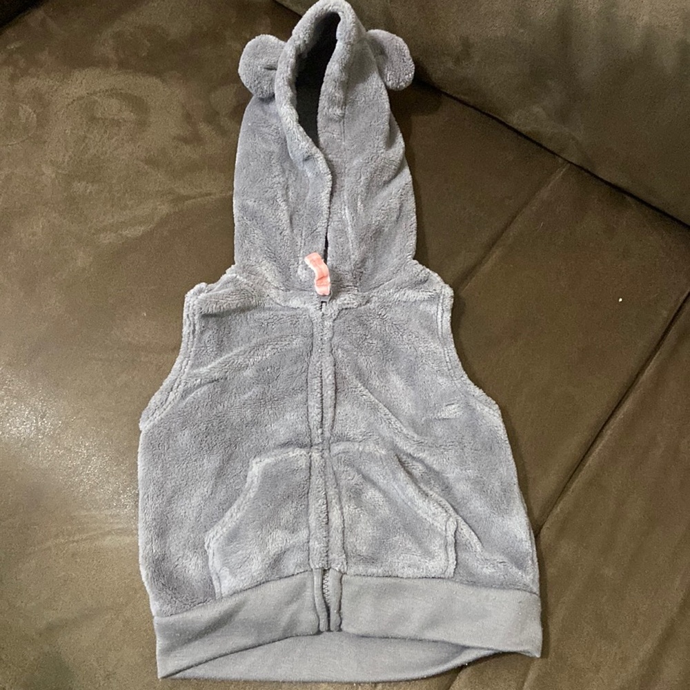 Carter’s gray fleece vest with ears on hood; size 3M